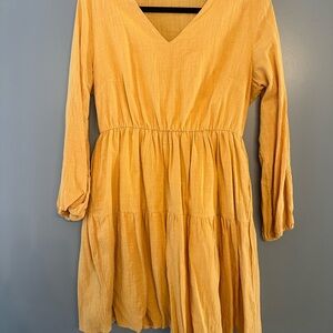 Fancyinn V-Neck Mustard Yellow Linen Dress